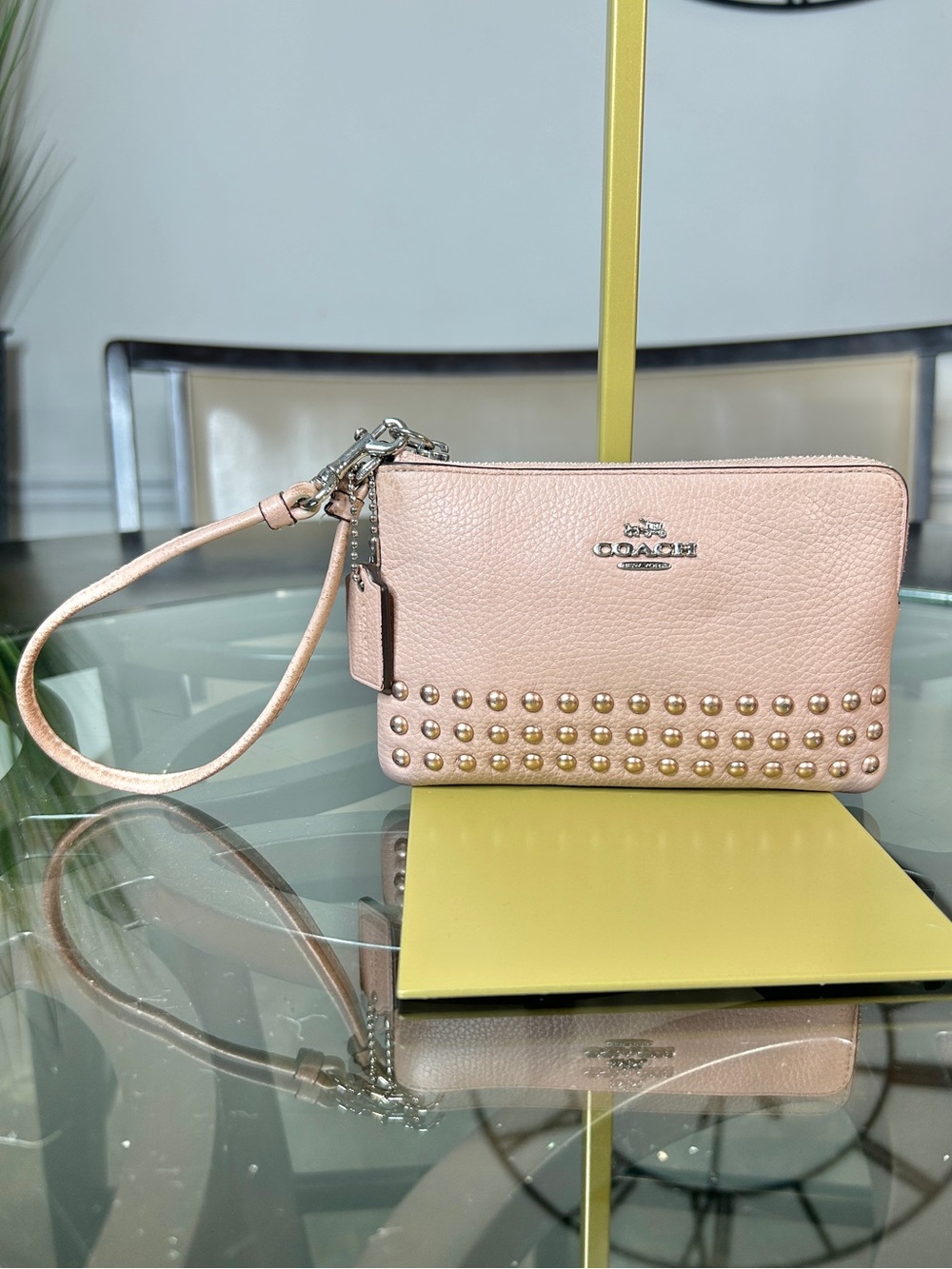 Coach Corner Zip Wristlet Pebble Leather Blush Pink Studded Gold Hardware